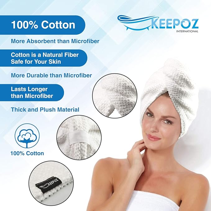 KEEPOZ Hair Towel Wrap Quick Dry 100% Cotton Super Absorbent Turban Head Wrap for Women with Button, Non Microfiber Anti Frizz Hair Cap for Curly, Long & Thick Hair (White Check, 2 Pcs)
