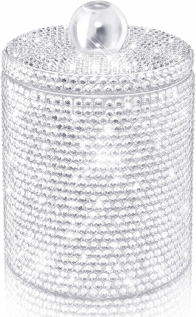 Yivaiks Bling Qtip Dispenser for Cotton Swabs, Balls, Pads, Floss Picks- Small Plastic Canister Apothecary Jar,Bathroom Essentials Accessories Decor, Vanity Makeup Qtip Holder Storage Organizer