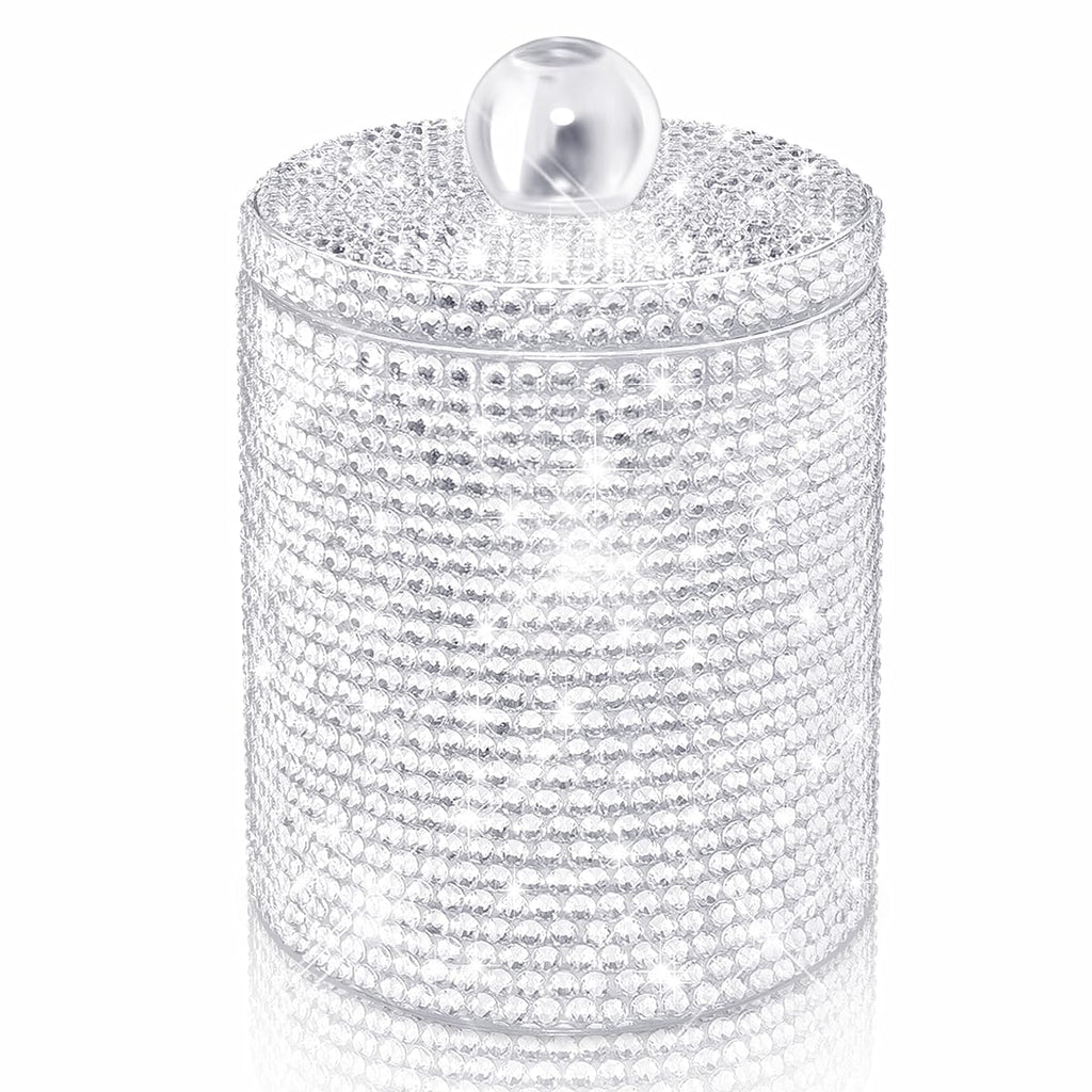Yivaiks Bling Qtip Dispenser for Cotton Swabs, Balls, Pads, Floss Picks- Small Plastic Canister Apothecary Jar,Bathroom Essentials Accessories Decor, Vanity Makeup Qtip Holder Storage Organizer (1)
