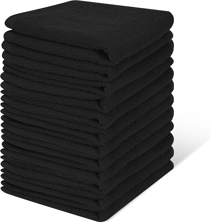 12 Pack 100% Cotton Wash Cloth, 12x12 Inch Highly Absorbent and Soft Feel Fingertip Towels, Machine Washable Washcloths for Bathroom, Gym, Hotel, Spa and Kitchen, Black