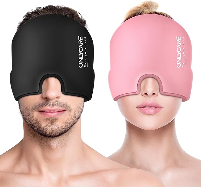 ONLYCARE Migraine Relief Cap,Soothing Migraine Mask,Upgraded Odorless Gel Ice Head Wrap, Hot and Cold Therapy, Headache Ice Pack for Tension and Stress(Black & Pink, 2 Count)