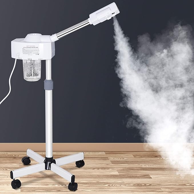 Professional Facial Steamer for Face Professional Deep Cleansing with Hot Mist Function Stand on Wheel, High Frequency for Home Spa Salon Beauty Skin Care, White