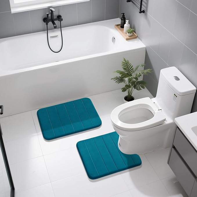 Yimobra U-Shaped Toilet Bath Mat Set 2 Piece - Soft Absorbent Quick Dry Memory Foam Bathroom Rugs, Machine Washable Non Slip Floor Carpet for Tub Shower & Single Sink (17x24 & 24x20, Peacock Blue)
