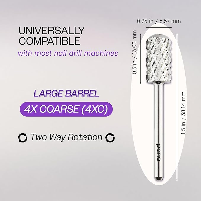 PANA 3/32" Large Smooth Round Top Safety Carbide Nail Drill Bit for Gel Polish & Acrylic Removal Nail Salon Manicure Pedicure Electric File Tools (Large Barrel - Silver, 4X Coarse)