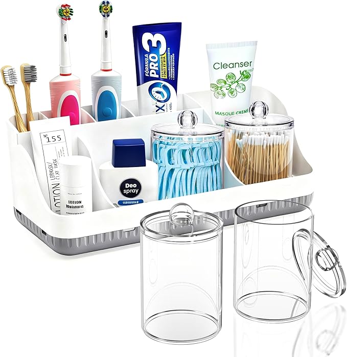 Bathroom Counter Organizer and Storage, 7 Slots Detachable Toothbrush Holders for Bathrooms, Anti-Slip Electric Toothbrush and Toothpaste Holder Countertop Vanity Organizer Accessories for Adults Kids