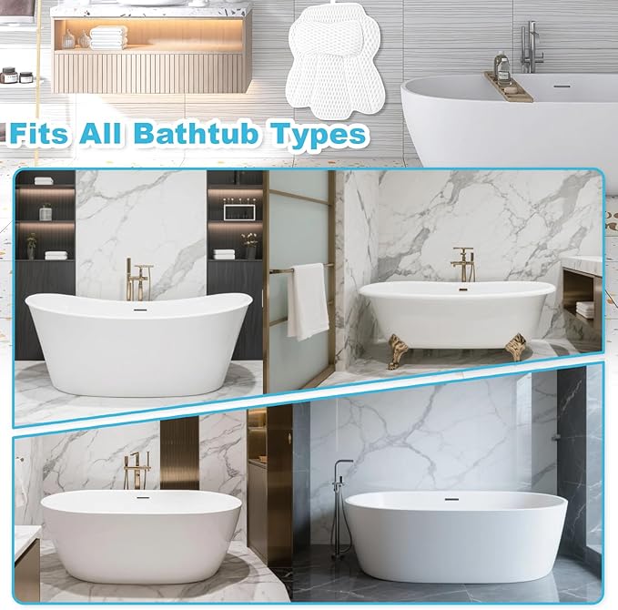 Bath Pillows for Tub, Bathtub Pillow for Neck and Back Support, 6 Non-Slip Suction Cups, Ultra Soft 4D Air Mesh, Washable Bath Accessories Gift for Women and Men, White