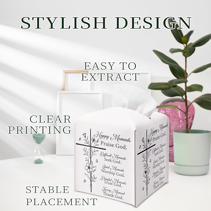 Christian Bible Verses Tissue Box Cover Square, Inspirational Quotes Waterproof Leather Tissue Box Holder, Cross Paper Facial Tissue Box Covers Cube for Office Bathroom Home Prayer Room Decor