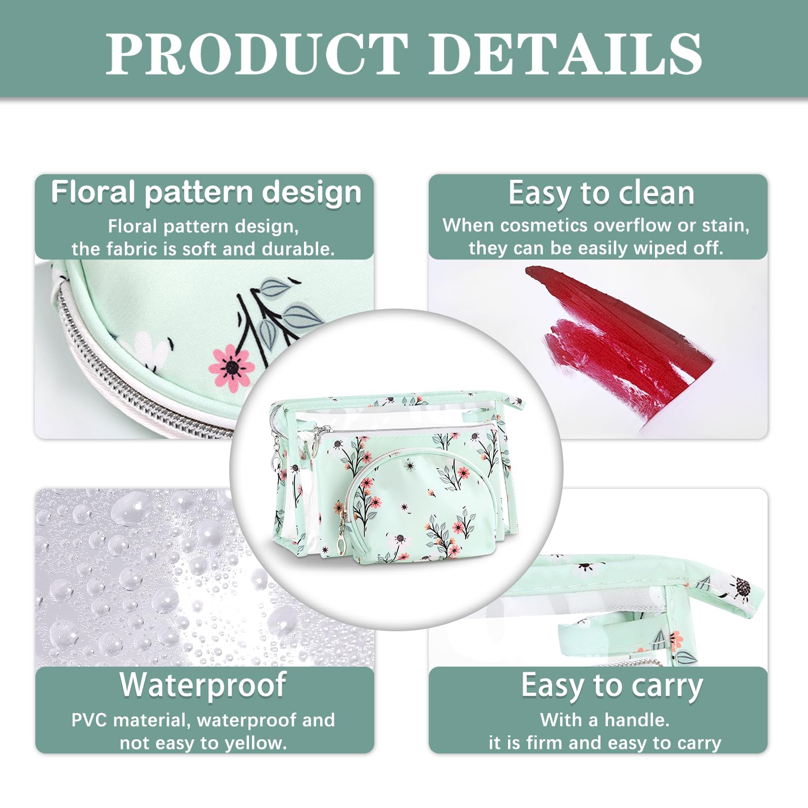 Richeart Makeup Bag, Clear Bag with Zipper, 3PC Floral Flowers Makeup Pouch, Waterproof Small Pouch, Portable Travel Toiletry Bag, B