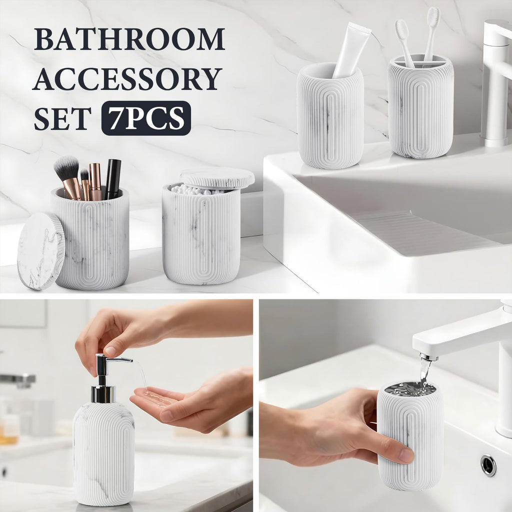 Bathroom Accessories Set - 7-Piece Resin Bathroom Set, Toothbrush Holders Set, Soap Dispenser, Qtip Holder Dispenser, Tumbler, Soap Dish & Tray, Modern Bath Decor for Home Dorm Hotel (Marble White)