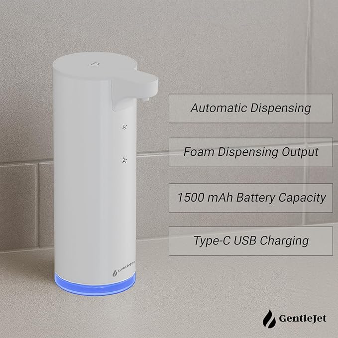 GentleJet EasyFoam Automatic Foaming Soap Dispenser, Touchless USB-C Rechargeable Sensor Pump, 304 Stainless Steel, Adjustable Foam, IPX5 Water-Resistant for Bathroom & Kitchen, 10 fl oz / 300 mL