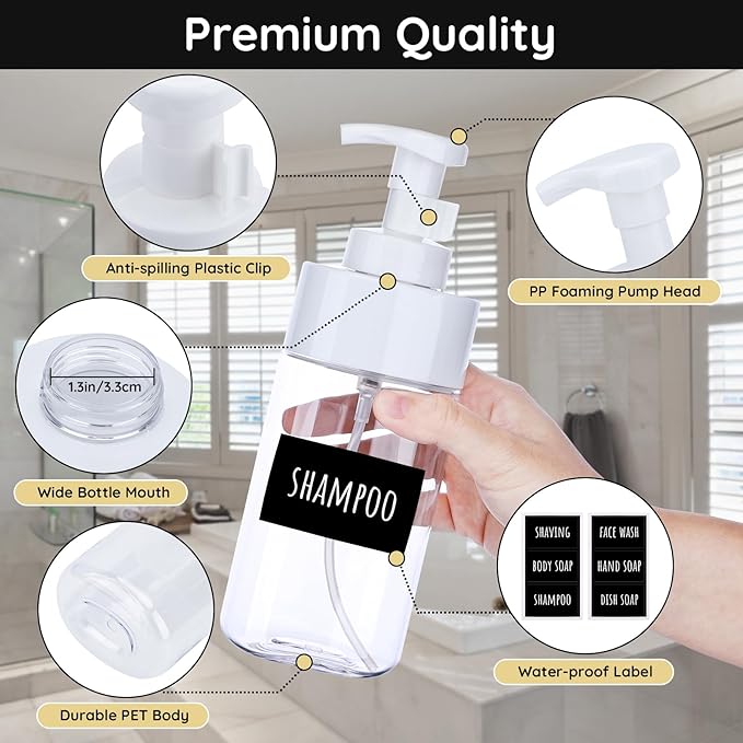 Segbeauty Foaming Soap Dispenser, 4 Packs 16.9oz Clear Plastic Foaming Pump Bottle Containers, 500ml Empty Refillable Foam Hand Soap Lotion Dispenser Set with Waterproof Labels for Bathroom Kitchen