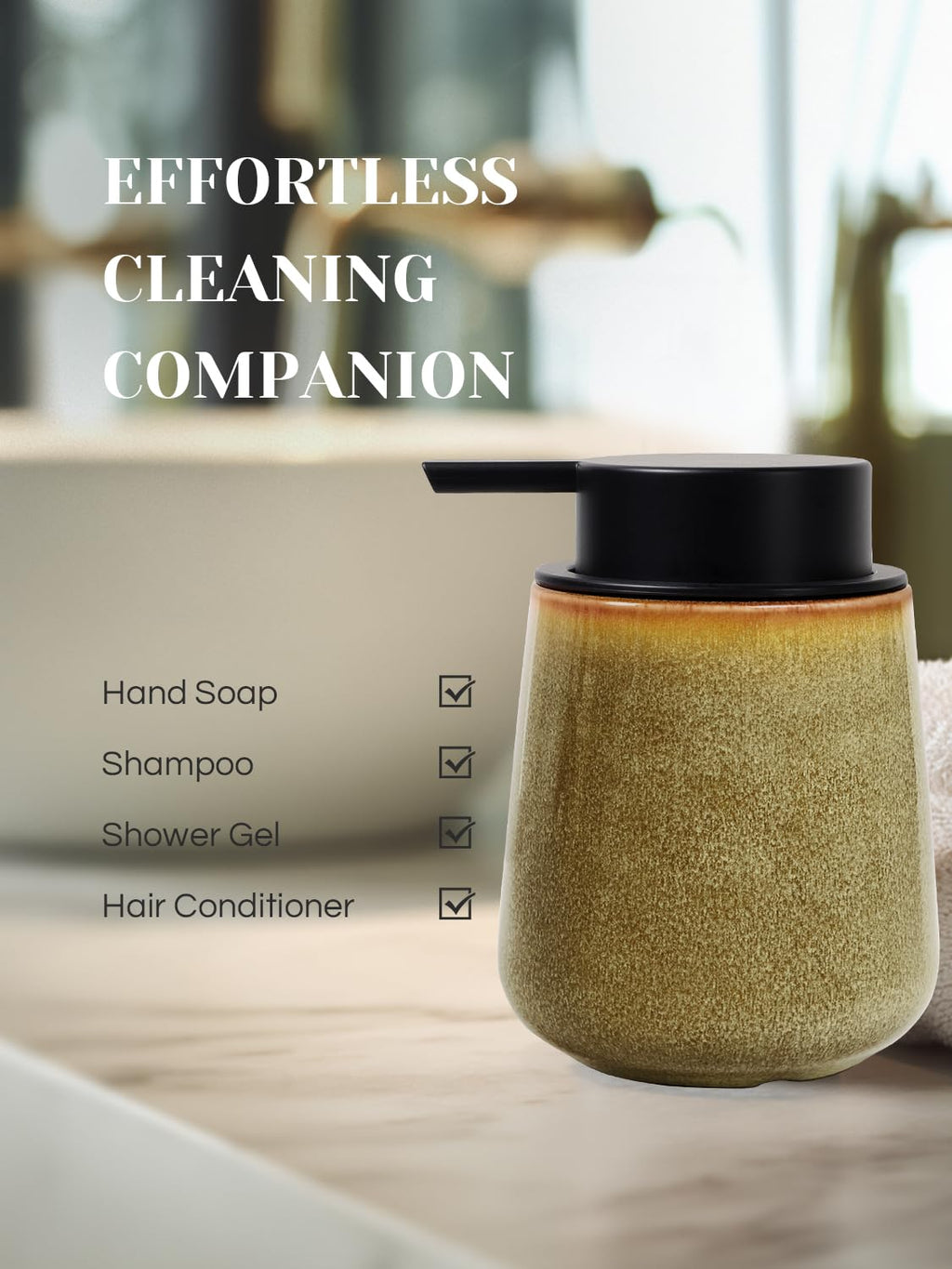 INGOFIN Ceramic Foaming Soap Dispenser - 12 oz Refillable Foam Hand Soap Dispenser Bathroom, Modern Dish Dispenser Pump for Kitchen,Kiln-Glazed Earthy Yellow-Brown