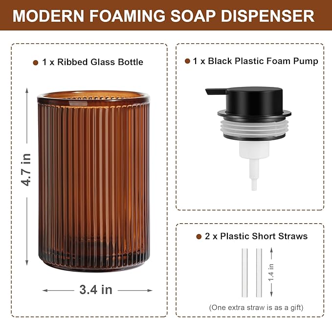 Amber Glass Foaming Soap Dispenser, Ribbed Foam Hand Soap Dispenser for Bathroom, 11 Fl Oz 2 Pack Refillable Foaming Pump Bottle with Black Pump, Modern Dish Soap Foam Dispenser