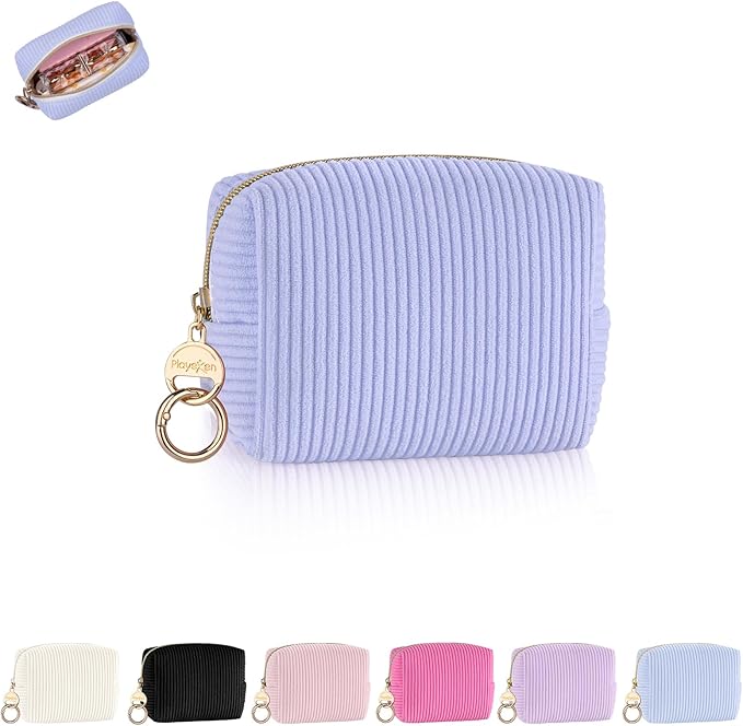 Playexen Mini Makeup Bag, Corduroy Small Cosmetic Bag for Purse, Lilac