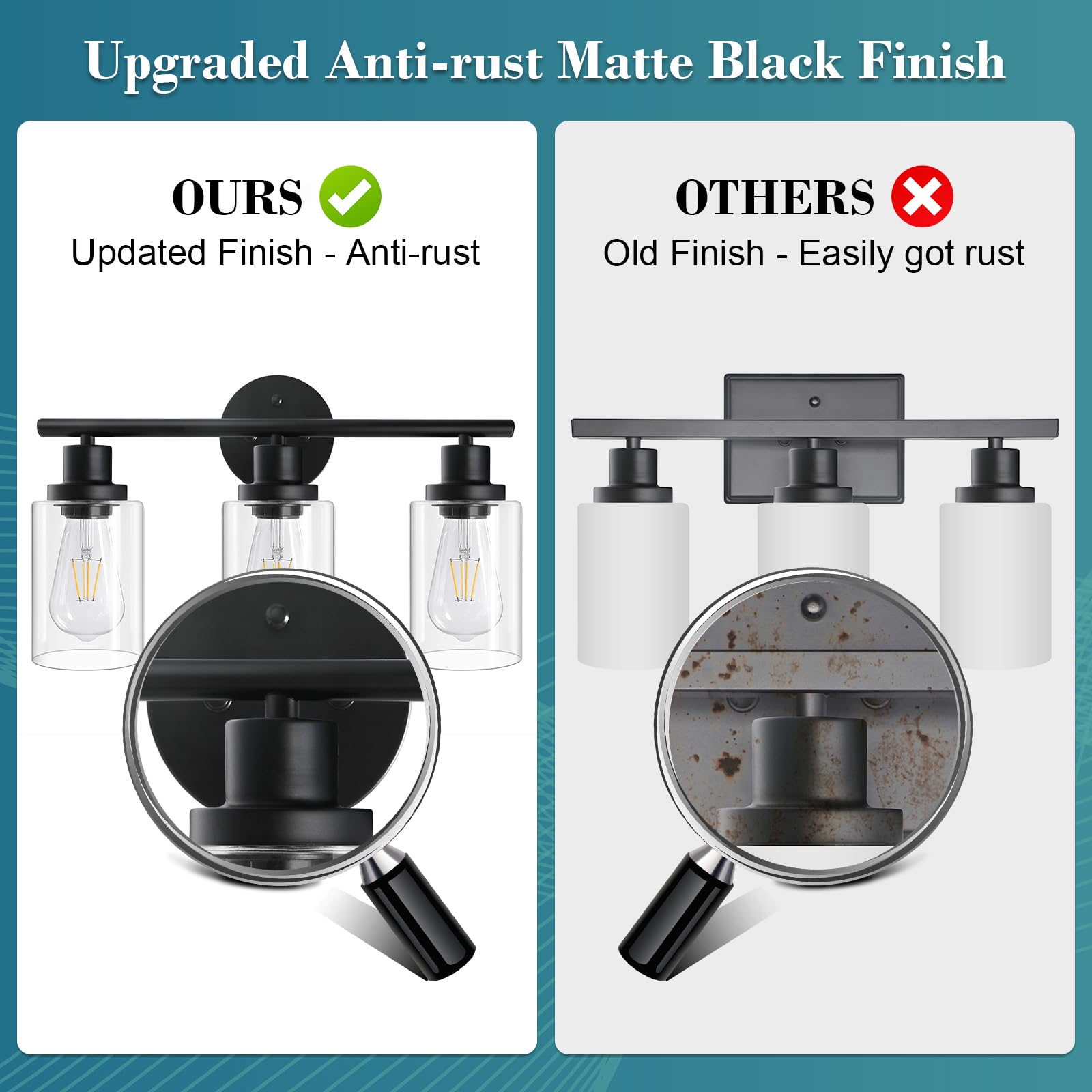Unicozin Modern Bathroom Light Fixtures, 3 Light Vanity Lights, Black Wall Lamp with Clear Glass for Bathroom, Mirror, Living Room, Bedroom, Hallway, E26 Base