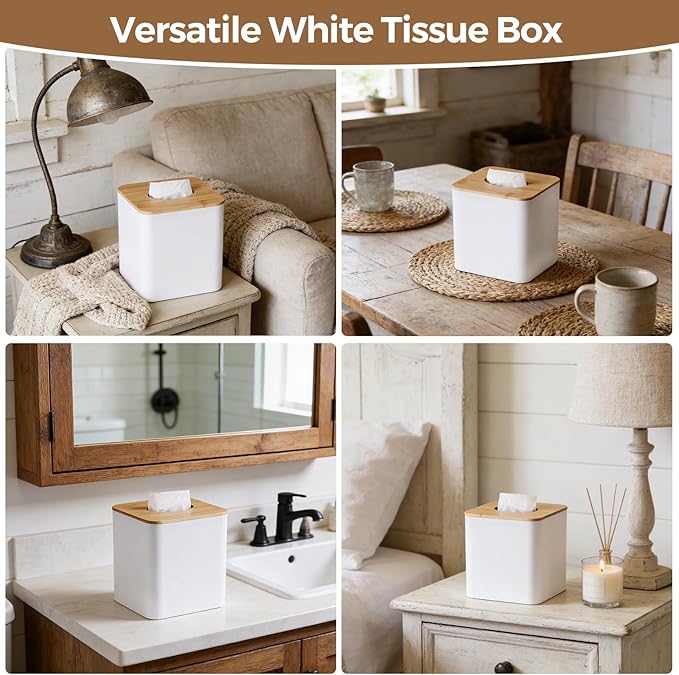 Tissue Box Cover Square, Modern White Facial Tissue Holder with Bamboo Lid