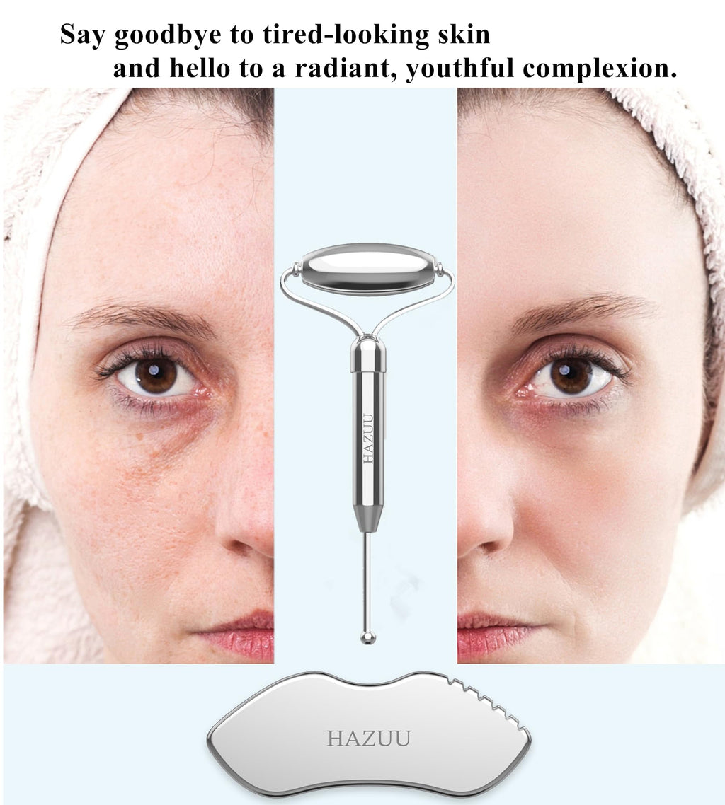HAZUU Stainless Steel Gua Sha Face Rollers&Acupuncture Pen - Metal Roller for Eyes & Neck, Anti-Aging Facial Massage Tools, Gua Sha Facial Tool Kit (JGS-2)