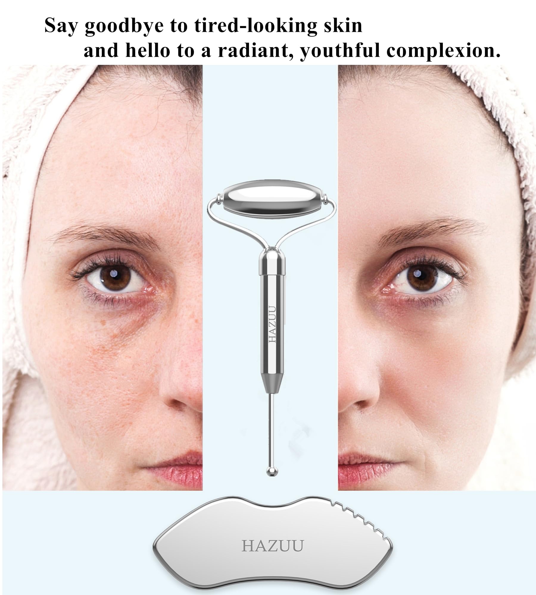 HAZUU Stainless Steel Gua Sha Face Rollers&Acupuncture Pen - Metal Roller for Eyes & Neck, Anti-Aging Facial Massage Tools, Gua Sha Facial Tool Kit (JGS-2)