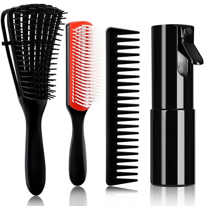 4pcs Curly Hair Brush Set for Adult & Kids, Wet or Dry, Detangling with Spray Bottle, Wide Tooth Comb (3+1, Red)