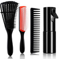 4pcs Curly Hair Brush Set for Adult & Kids, Wet or Dry, Detangling with Spray Bottle, Wide Tooth Comb (3+1, Red)