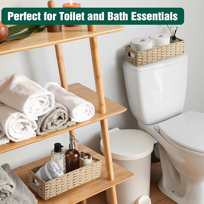 dreamkey Set of 2 Wicker Toilet Paper Storage Baskets, Hand-Woven Paper Rope Bathroom Organizer for Toilet Tank Top & Countertop, Decorative Nesting Baskets with Handles, Beige