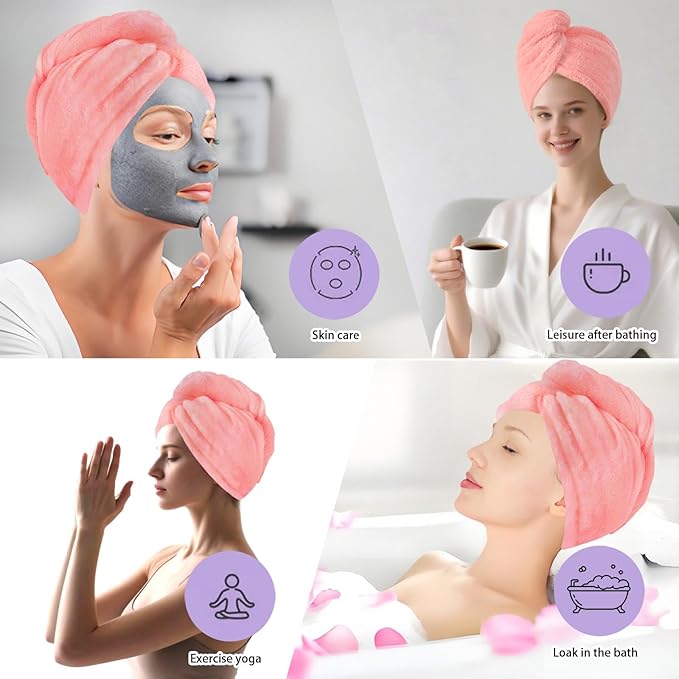 Microfiber Hair Drying Towel Wrap for Women, Hair Turbans Towel for Wet Hair,turbie Twist Hair Towels(The Color of the Picture is for Reference only) (Pink-Double Layer)