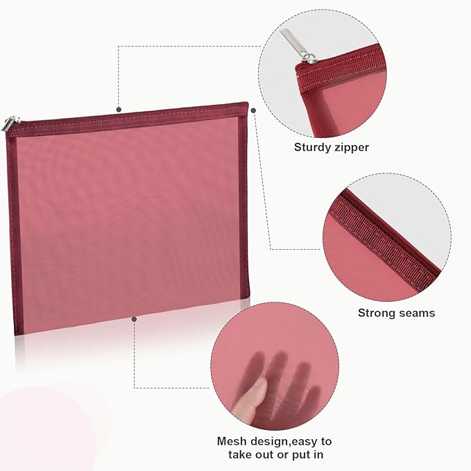 Boao 6 Pieces Mesh Makeup Bags Mesh Cosmetic Bag Portable Travel Organizing Zipper Pouch Toiletries Makeup Pouches for Home Office Travel Accessories(Wine Red)
