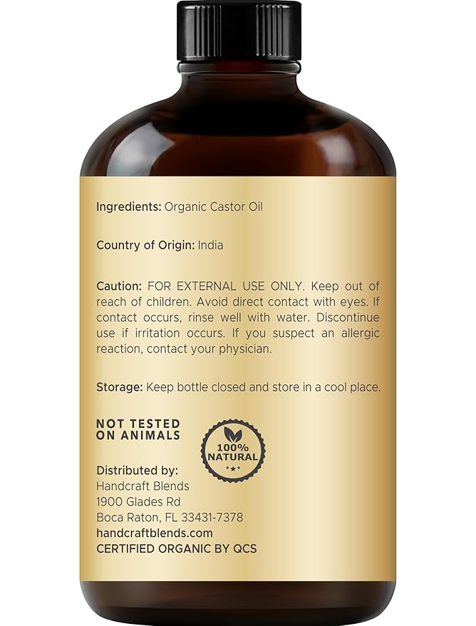 Handcraft Blends Cold-Pressed Organic Castor Oil 4 Fl Oz | Glass Bottle | Lash Brushes | 100% Pure and Natural | Premium Grade Carrier Oil | Hair, Eyelashes and Eyebrows | Hair and Body