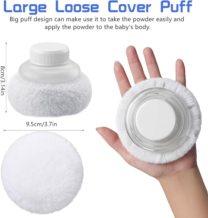 Wanmu 3.1 Inch Body Makeup Puff and Container, Fluffy After Bath Body Makeup Puff Box, Storage Body Powder Container with Handheld Stand for Baby Adult Daily Care (White)