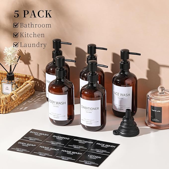Mithrgrous Shampoo and Conditioner Bottles(5Pack),Shampoo Dispenser for Shower,Bottles Refillable with Pump,Bathroom Dispenser Sets(Amber)