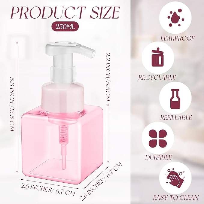 Domensi Foaming Soap Dispenser 8.5 oz Foam Pump Bottle Bulk Empty Travel Foaming Dispenser Refillable Hand Soap Plastic Pump Bottle Travel Clear Container for Bathroom Vanities(12 Pcs,Pink)