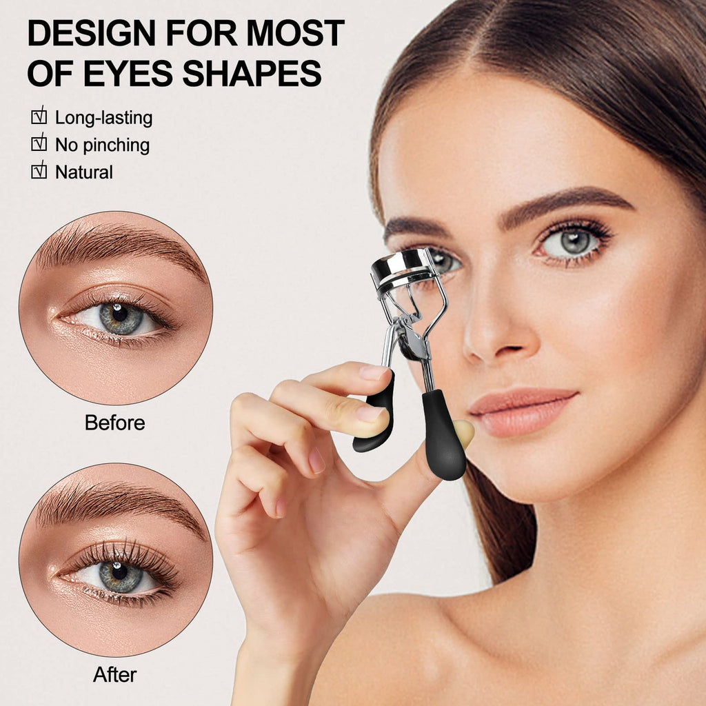 Zowor Eyelash Curler with Comb and Brush Fit All Eye Shape Curved Eyelash Curlers with 6PCS Silicone Refill Pad,Natural and Long Lasting Lash Curler for Women Make Up Gift(Black)