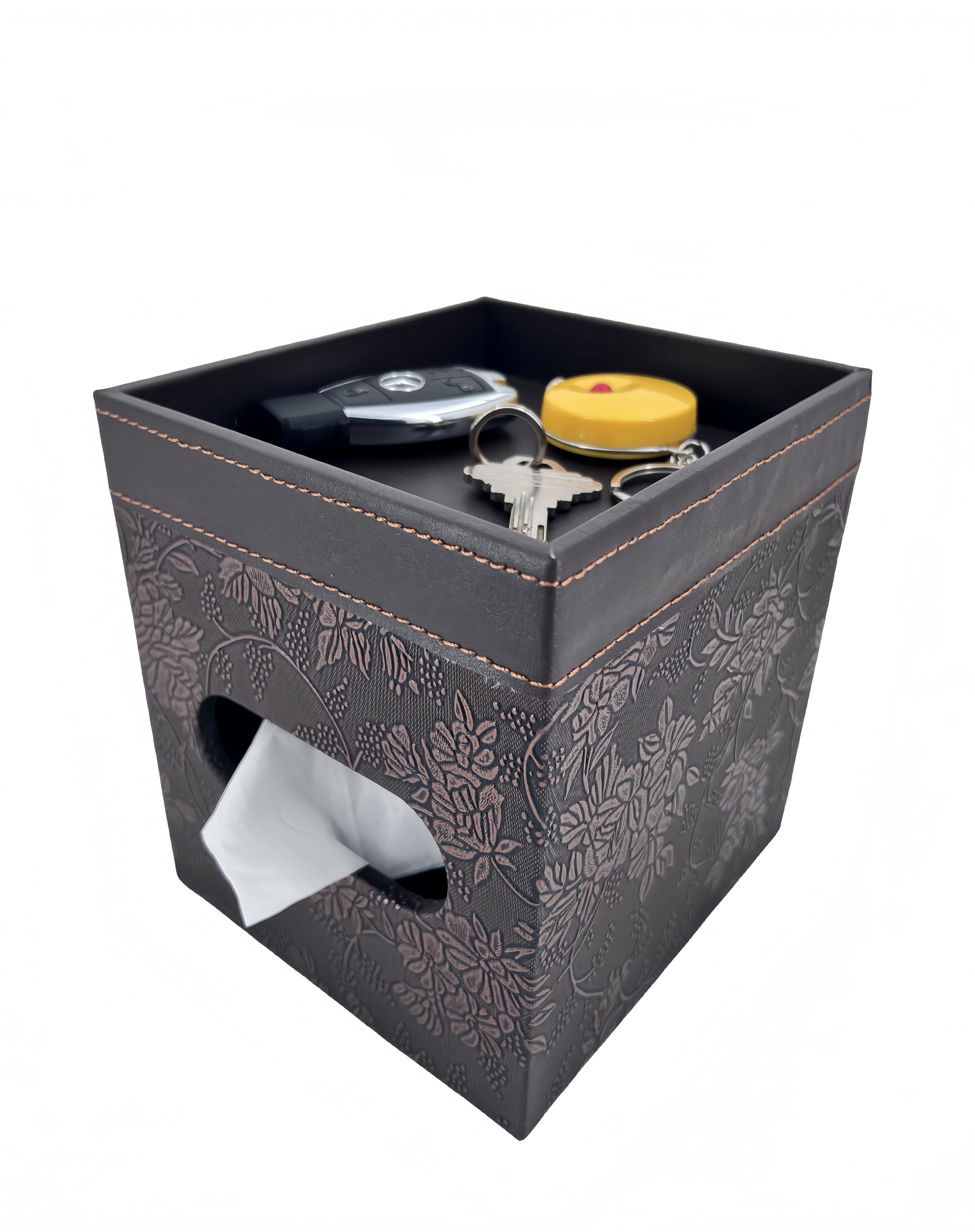 PU Leather Tissue Box Cover Square, Modern Tissue Holder with Storage Valet Tray, Nightstand Decorative Tissues Case, Facial Tissue Box Holder for Bathroom,Bedroom,Livingroom and Office (Antique)