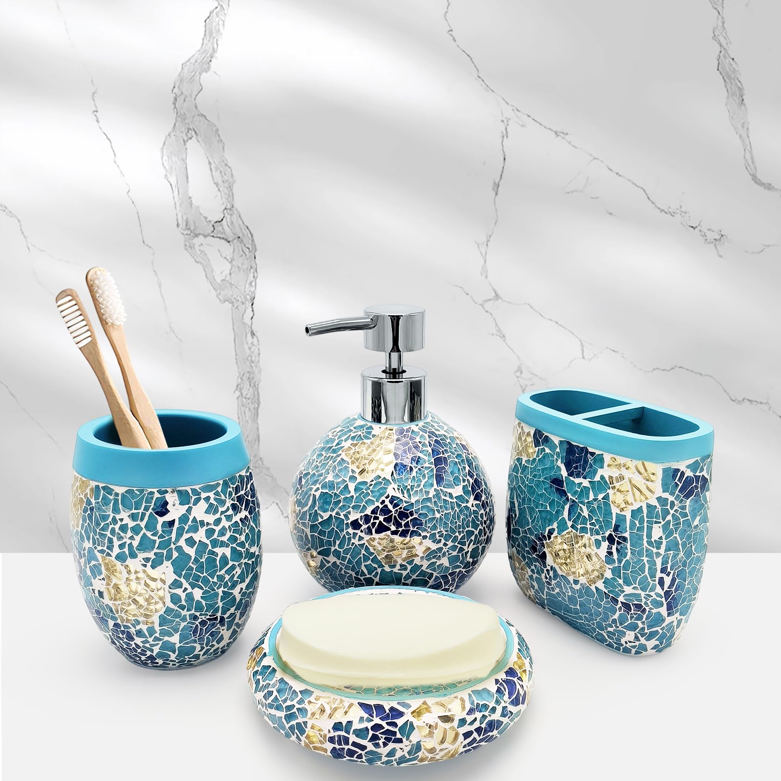 Handmade Blue Mosaic Glass Bathroom Accessory Sets 4PCS Bathroom Accessories Set Complete Includes Lotion Dispenser Toothbrush Holder Tumbler Cup & Soal Dish