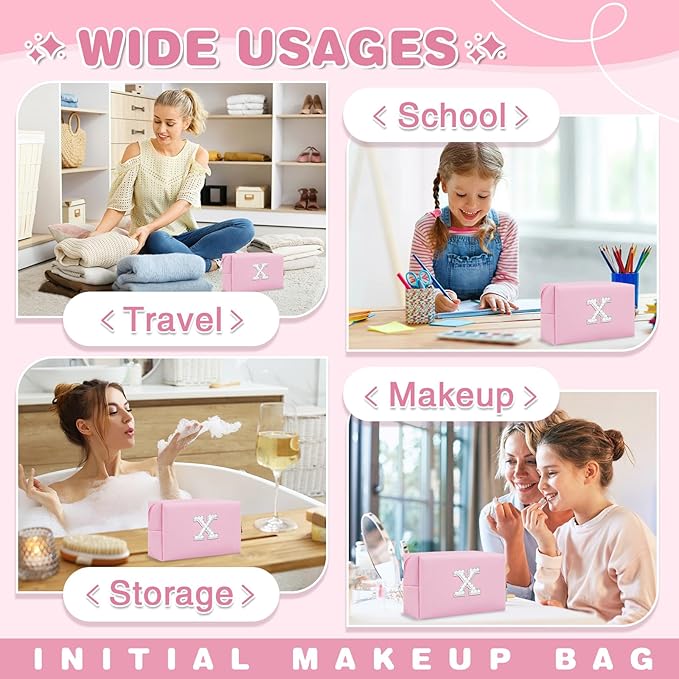 ChaoGreat Bride Gifts – Personalized Initial Makeup Bag with Pearl Rhinestone Patch, Preppy Pink Monogram Cosmetic/Toiletry Pouch, bridesmaid Gifts, Bridal Shower Gifts, Wedding Gifts, Bridal Gifts,X