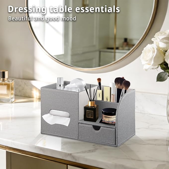 YAPISHI Tissue Box Cover with Storage Tray and Drawer, PU Leather Square Tissue Box Holder, Modern Cube Facial Tissue Dispenser, Makeup Holder, Remote Control Organizer for Nightstand, Bathroom Vanity