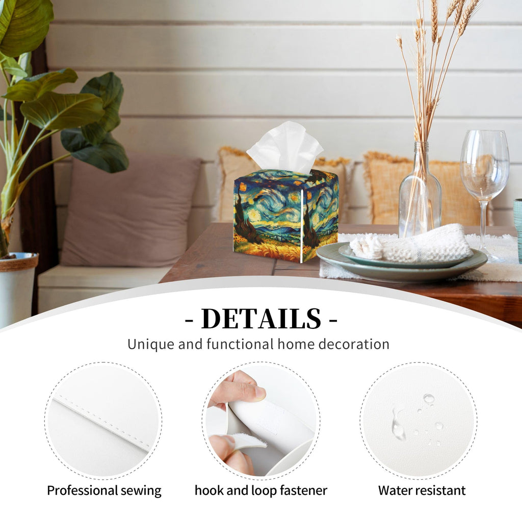 Starry Night Tissue Box Cover Square, Abstract Impressionist Oil Painting Tissue Box Holder Waterproof Leather Facial Paper Organizer Dispenser for Bathroom Home Car Nightstand Vanity Desk