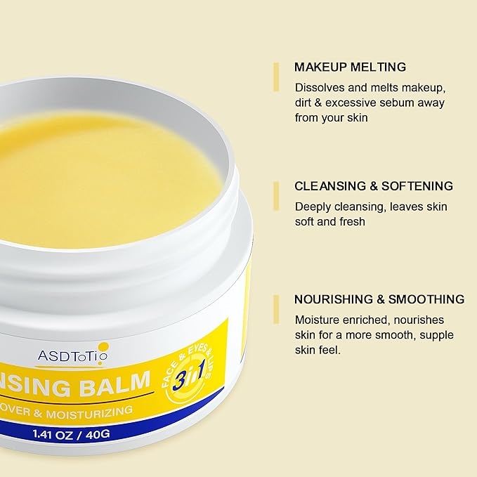 ASDToTio 3 in 1 Cleansing Balm- Eye Face Lip Cleansing Balm Makeup Remover,Natural Gentle, Deep Cleaning, Made for All Skin Types