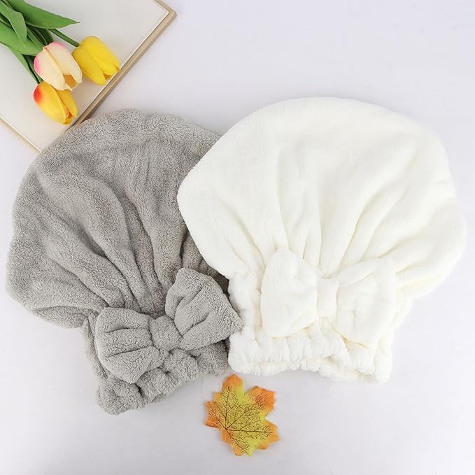 KEUKORZ 2PCS Microfiber Hair Drying Caps Hair Towel Cap Extra Soft and Ultra Absorbent Fast-Drying Hair Turban Wraps Gift for Women and Girls(Grey and White)