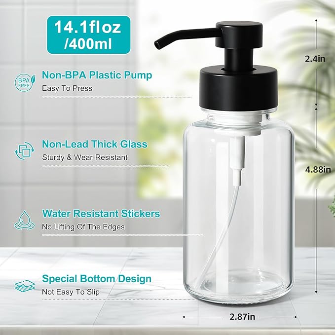 RACOBOT Foaming Hand Soap Dispenser, 14.1 oz/400ml Foaming Soap Dispenser, 2 Pack Glass Foaming Dispenser for Bathroom & Kitchen, Clear Refillable Liquid Dispenser Bottle with Waterproof Labels