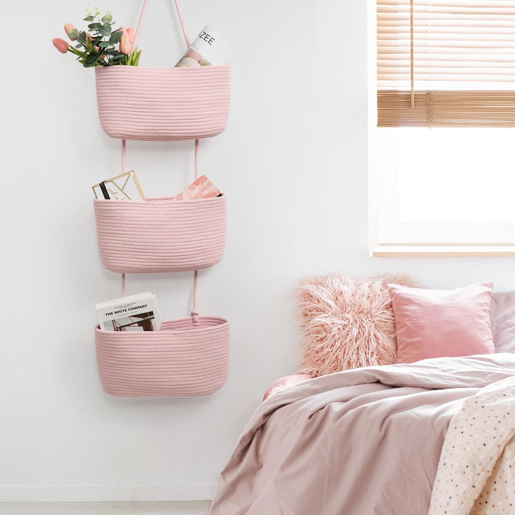 TeoKJ Over the Door Hanging Basket, 3-Tier Woven Cotton Wall-Mounted Storage Organizer Bag Decorative Hanging Nursery Baskets, Pink