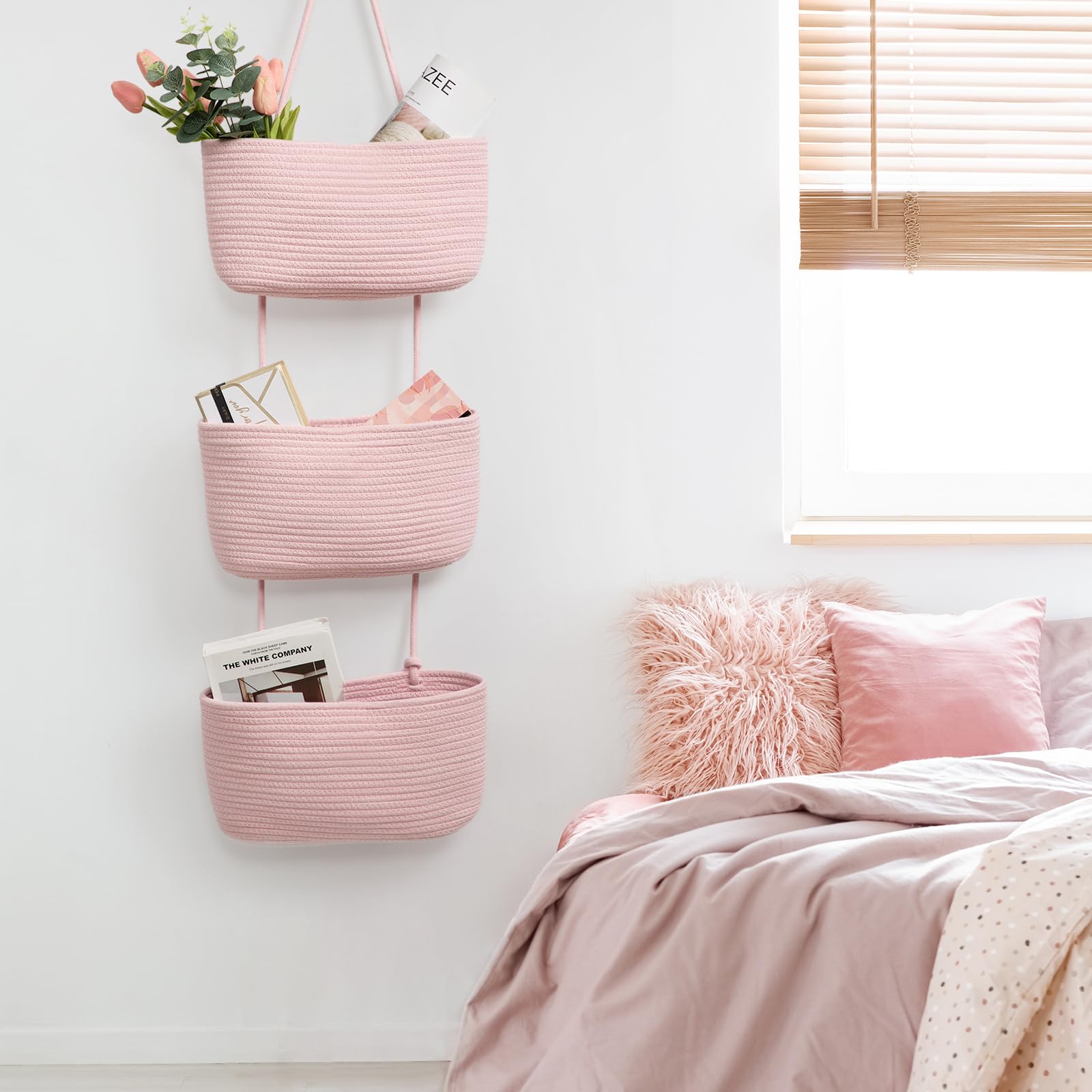 TeoKJ Over the Door Hanging Basket, 3-Tier Woven Cotton Wall-Mounted Storage Organizer Bag Decorative Hanging Nursery Baskets, Pink