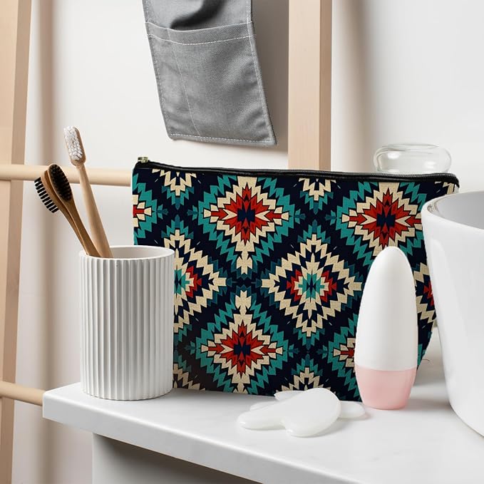 RYYCDOI Boho Aztec Makeup Bag, Ethnic Southwestern Navajo Tribal Cosmetic Bag for Women, Western Gifts and Accessories