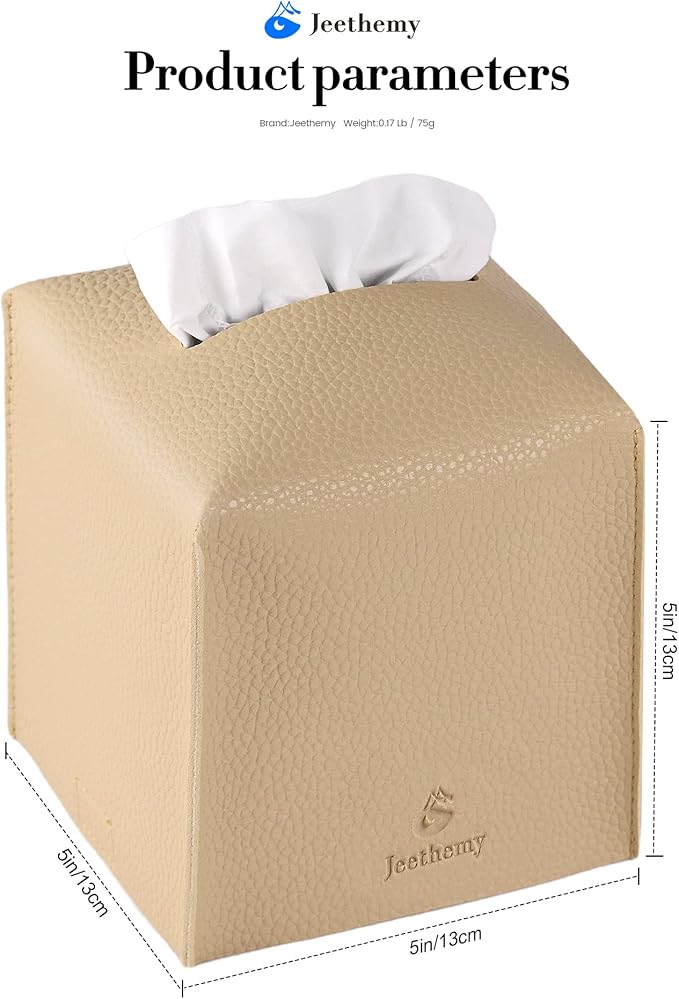Tissue Box Cover, Jeethemy Square PU Leather Tissue Box Holder, Modern Tissue Case Facial Paper Organizer Dispenser，5X5X5'',Single Beige