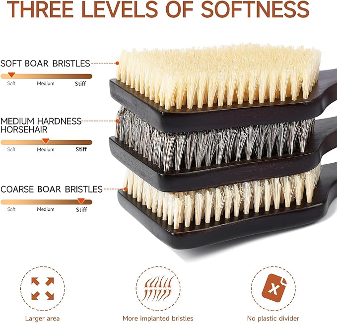 ENAMELEVO Back Scrubber Shower Brush,Dry Brushing Body Brush with 17.7 Inch Curved Long Handle, Natural Bristles for Lymphatic Drainage, Soft & Stiff Bristles Available (Soft-Fine Boar Bristles)