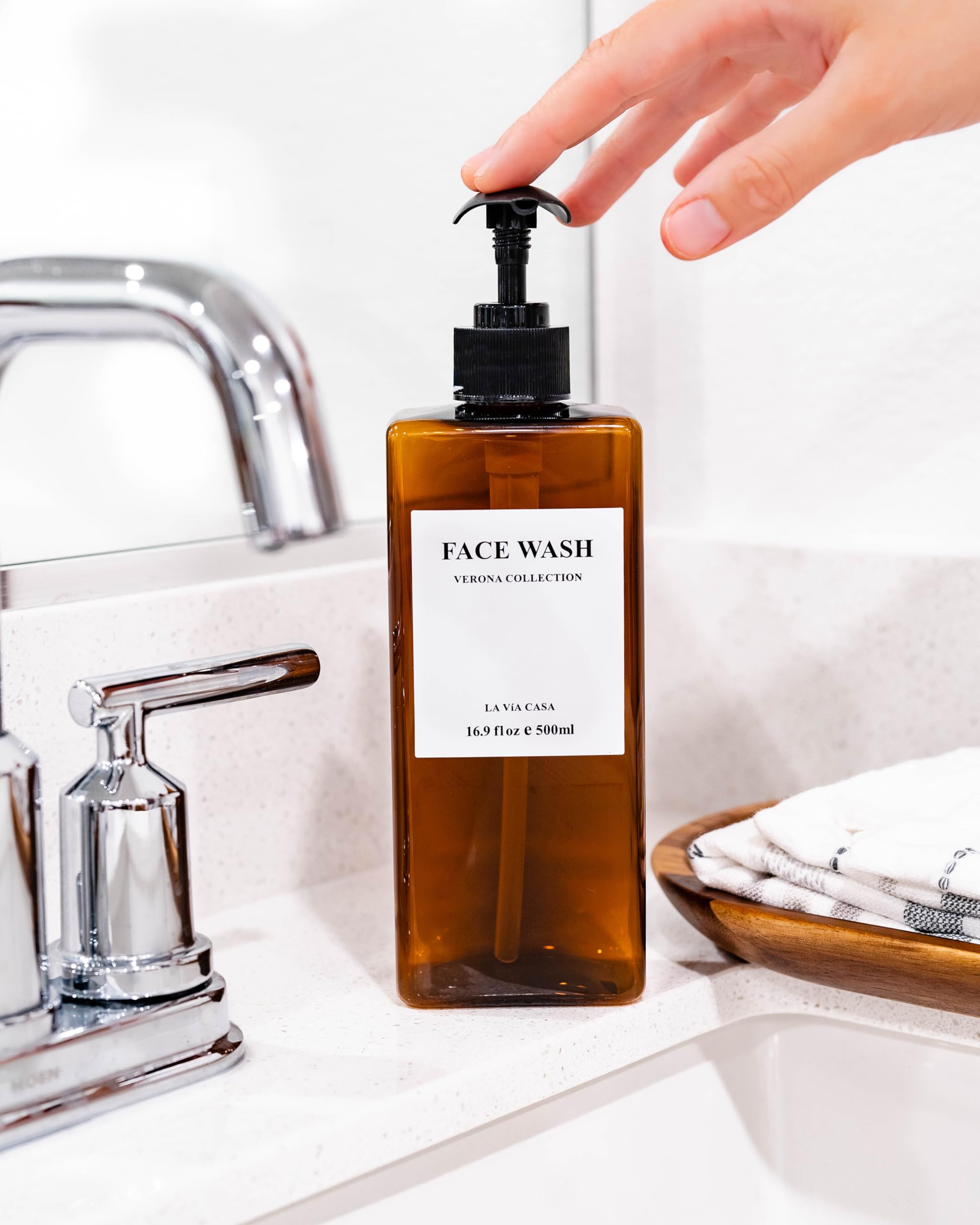 La Via Casa Shampoo and Conditioner Dispenser | 3 Plastic Amber | Shampoo Dispenser with Waterproof Labels | Shower Bottles Refillable with Pump (Without Wall Mount)