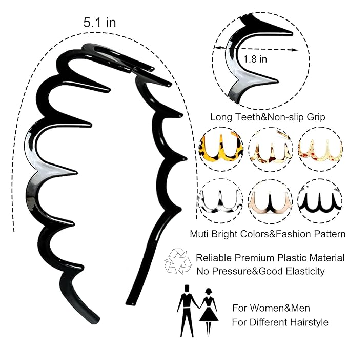 Supgoodom 6 PCS Zig Zag Headbands Plastic Wavy Hair Head Band Comb with Teeth Hoop Accessories for Women Men Girls, Fashion Tortoiseshell&Amber