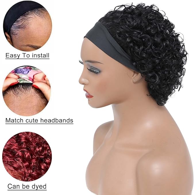 Headband Wig Human Hair Wigs for Black Women Pixie Cut Wig Put on and Go Glueless Wig Short Curly Headband Wigs 150% Density Natural Black 6 Inch
