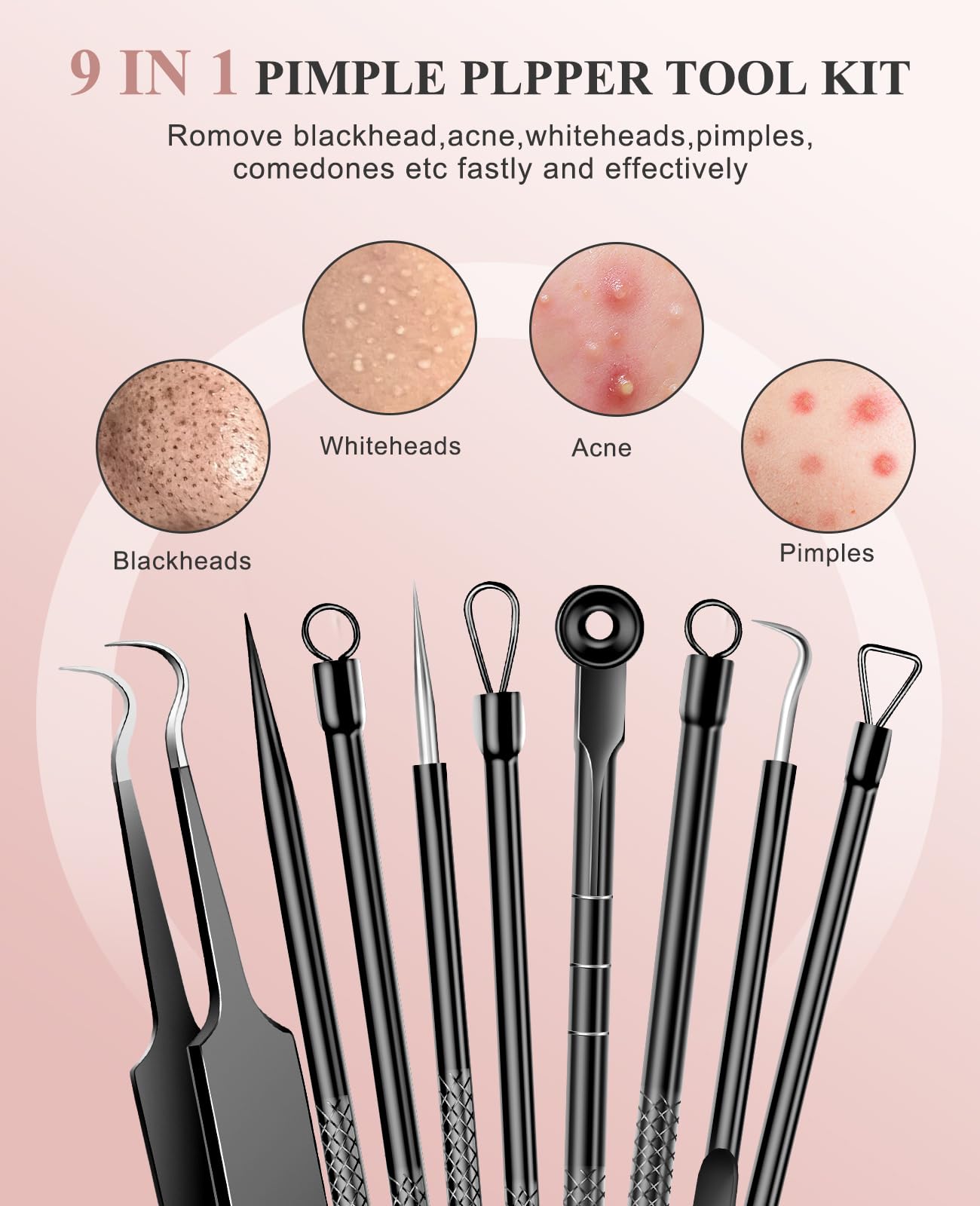 5PCS Blackhead Remover Pimple Popper Tool Kit, Professional Stainless Pimple Acne Blemish Removal Tools Kit for Face (Black)