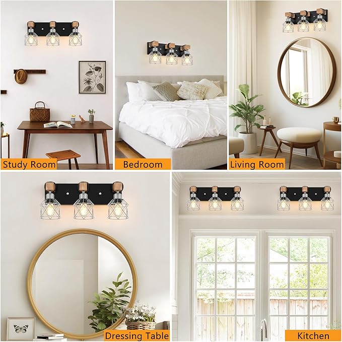 FadimiKoo 3-Light Wood Bathroom Light Fixtures Over Mirror, Rustic Black Silver Famhourse Sconces Wall Decor with Elegant Metal Lampshade for Living Room, Bedroom, Porch